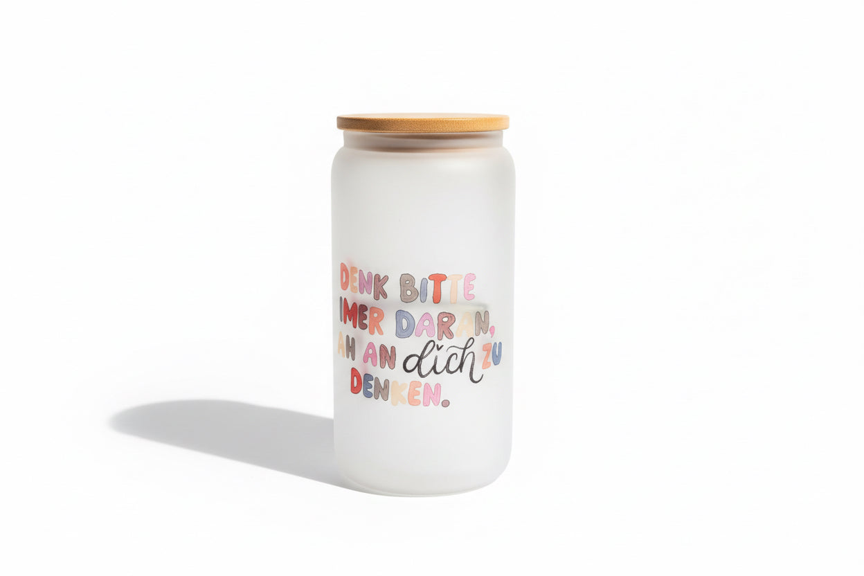 Glas mit liebevollen Spruch – Pastellfarbene Schrift Geschenkbecher mit Holzdeckel – Ästhetisches Trinkglas