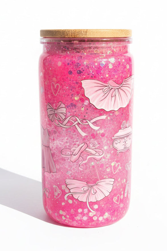 Glitzer Becher mit Ballerina Motiv – Rosa Geschenkbecher mit Holzdeckel – Ästhetisches Trinkglas