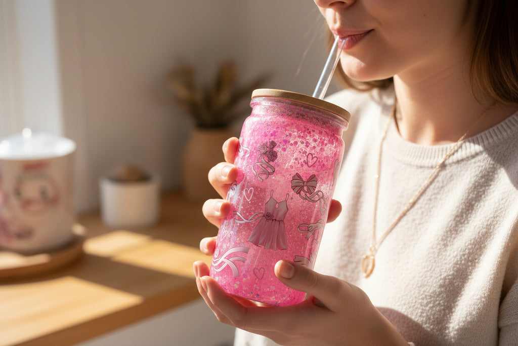 Glitzer Becher mit Ballerina Motiv – Rosa Geschenkbecher mit Holzdeckel – Ästhetisches Trinkglas