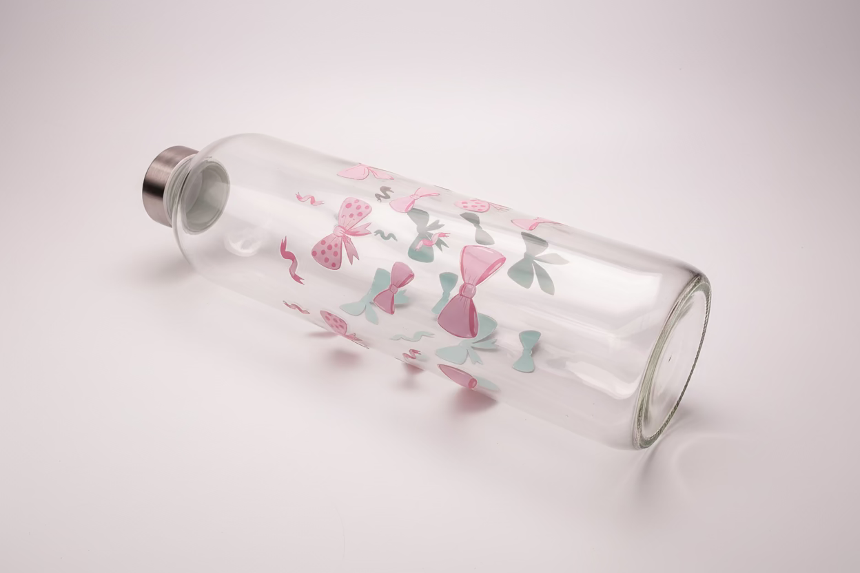 Glasflasche mit Schraubverschluss 1L " Rosa mit Schleifen "