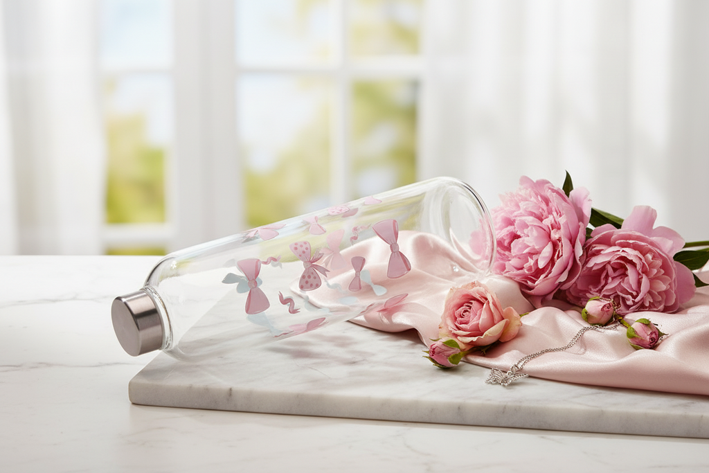 Glasflasche mit Schraubverschluss 1L " Rosa mit Schleifen "
