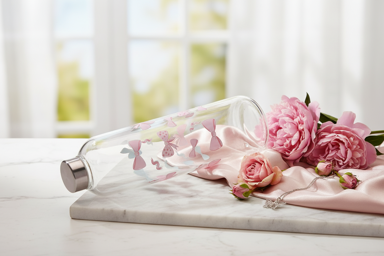 Glasflasche mit Schraubverschluss 1L " Rosa mit Schleifen "