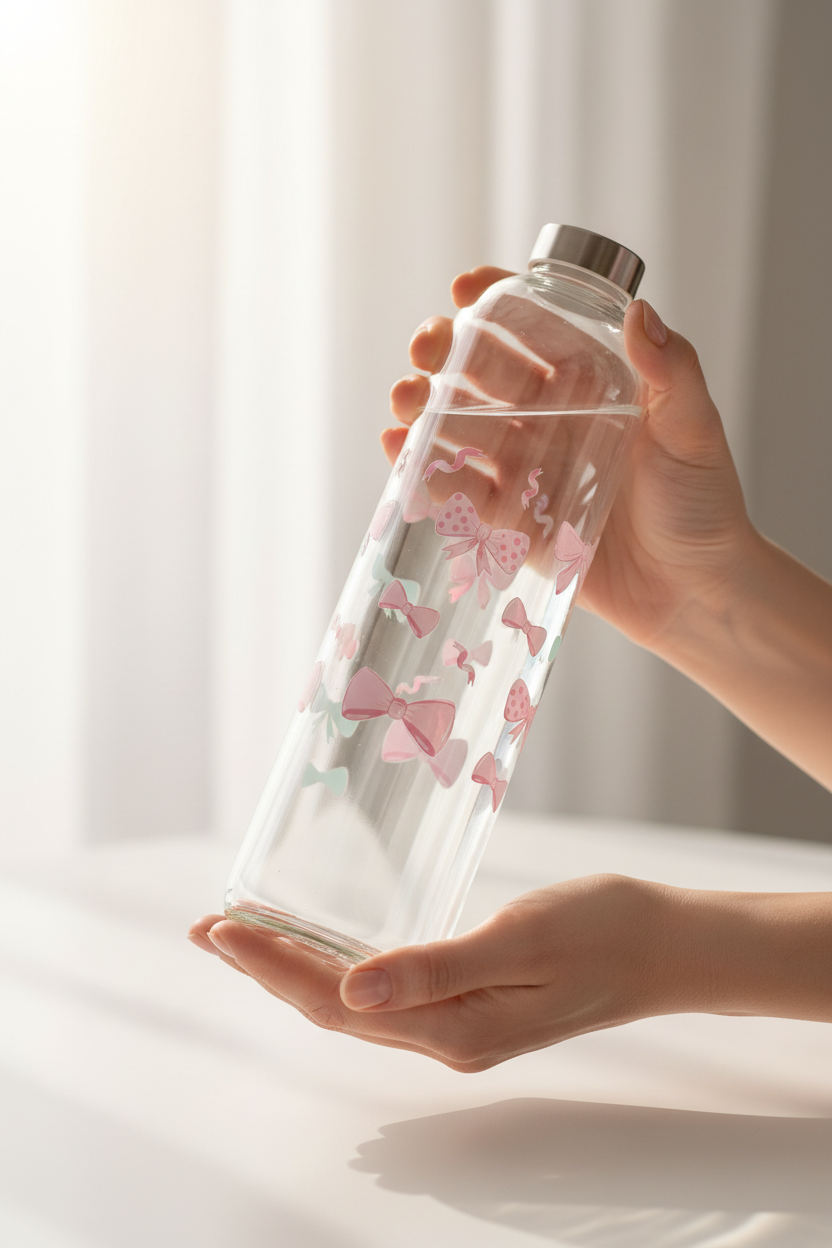 Glasflasche mit Schraubverschluss 1L " Rosa mit Schleifen "