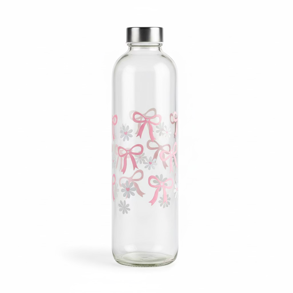 Glasflasche mit Schraubverschluss 1L " Rosa mit Schleifen und Blumen "