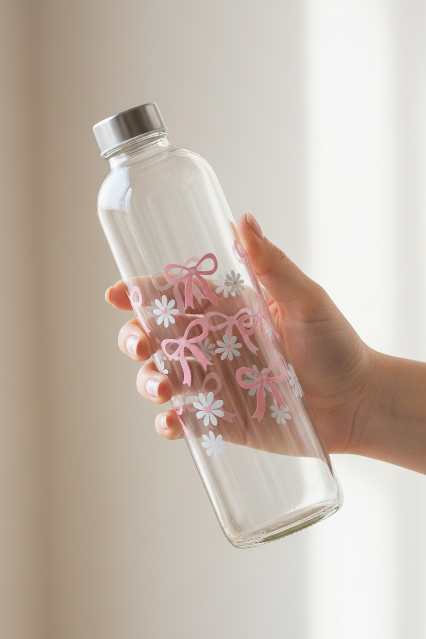 Glasflasche mit Schraubverschluss 1L " Rosa mit Schleifen und Blumen "
